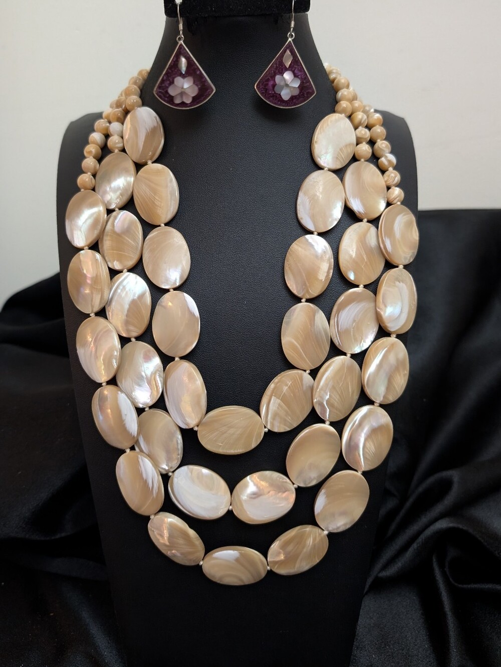 #23. Nacre Three Strand Mother Pearl Necklace & Alpaca Silver & MoP Earrings